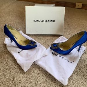 Manolo Blahnik Embellished Satin Pumps Colbalt Blue AKA Sex in the City Shoes